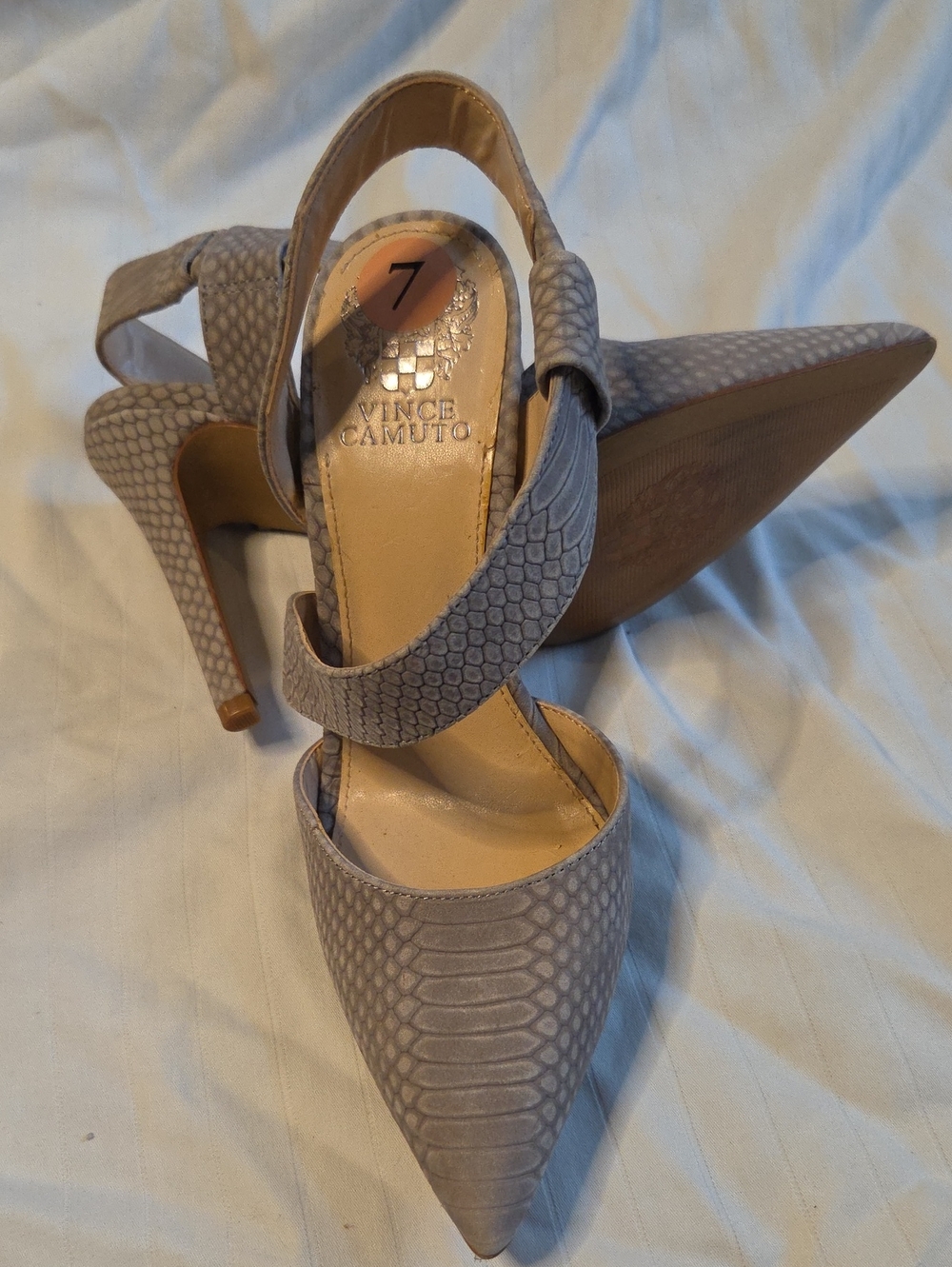 Vince Camuto Silver Snake-Embossed Pointed Toe Slingbacks Sz7